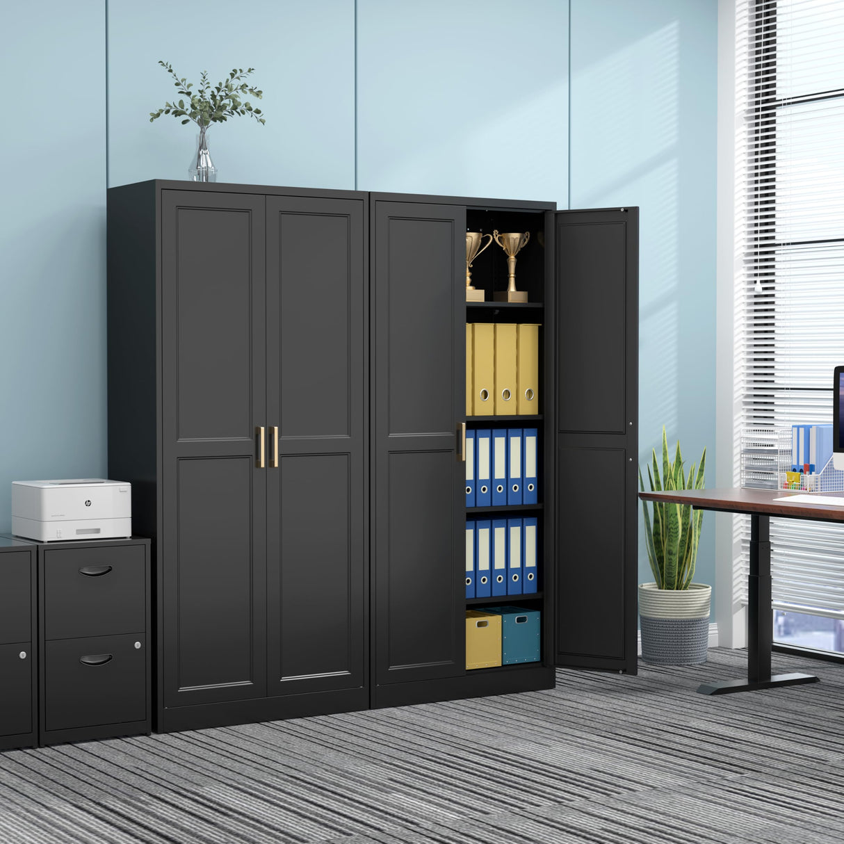 Kubohogar 71" Tall Metal Pantry Cabinet, Black Kitchen Pantry Storage Cabinet with 4 Adjustable Shelves and Gold Handles, Cupboard for Kitchen, Dining Room, Living Room, Bathroom Kubohogar