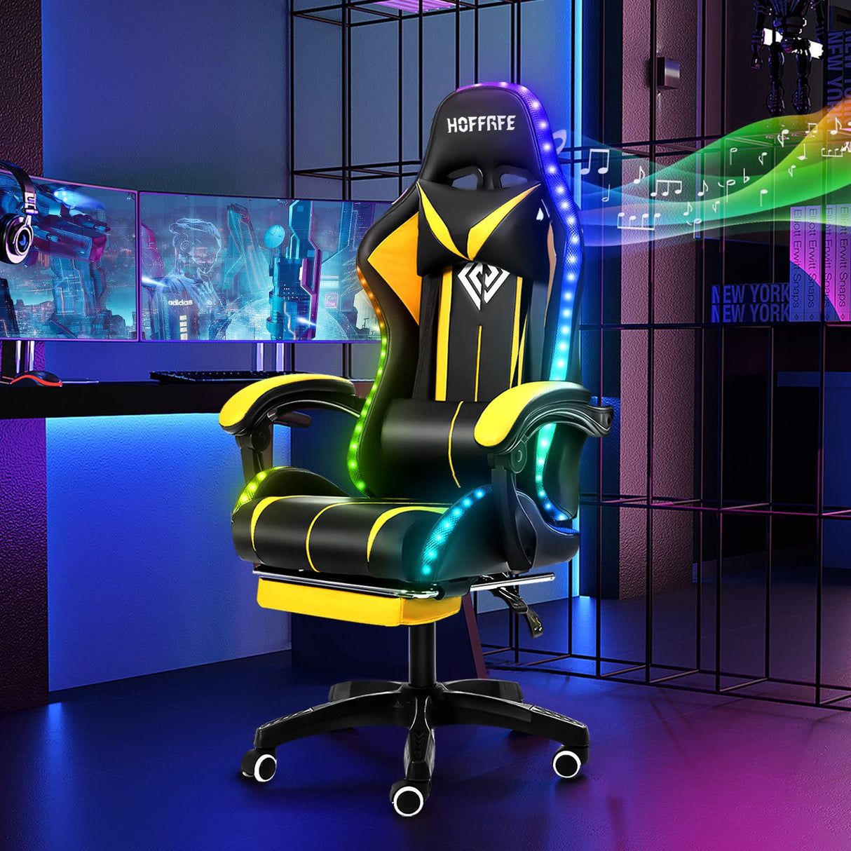 Gaming Chair with Bluetooth Speakers and LED RGB Lights Ergonomic Massage Computer Gaming Chair with Footrest High Back Music Video Game Chair with Lumbar Support Yellow and Black VANSPACE