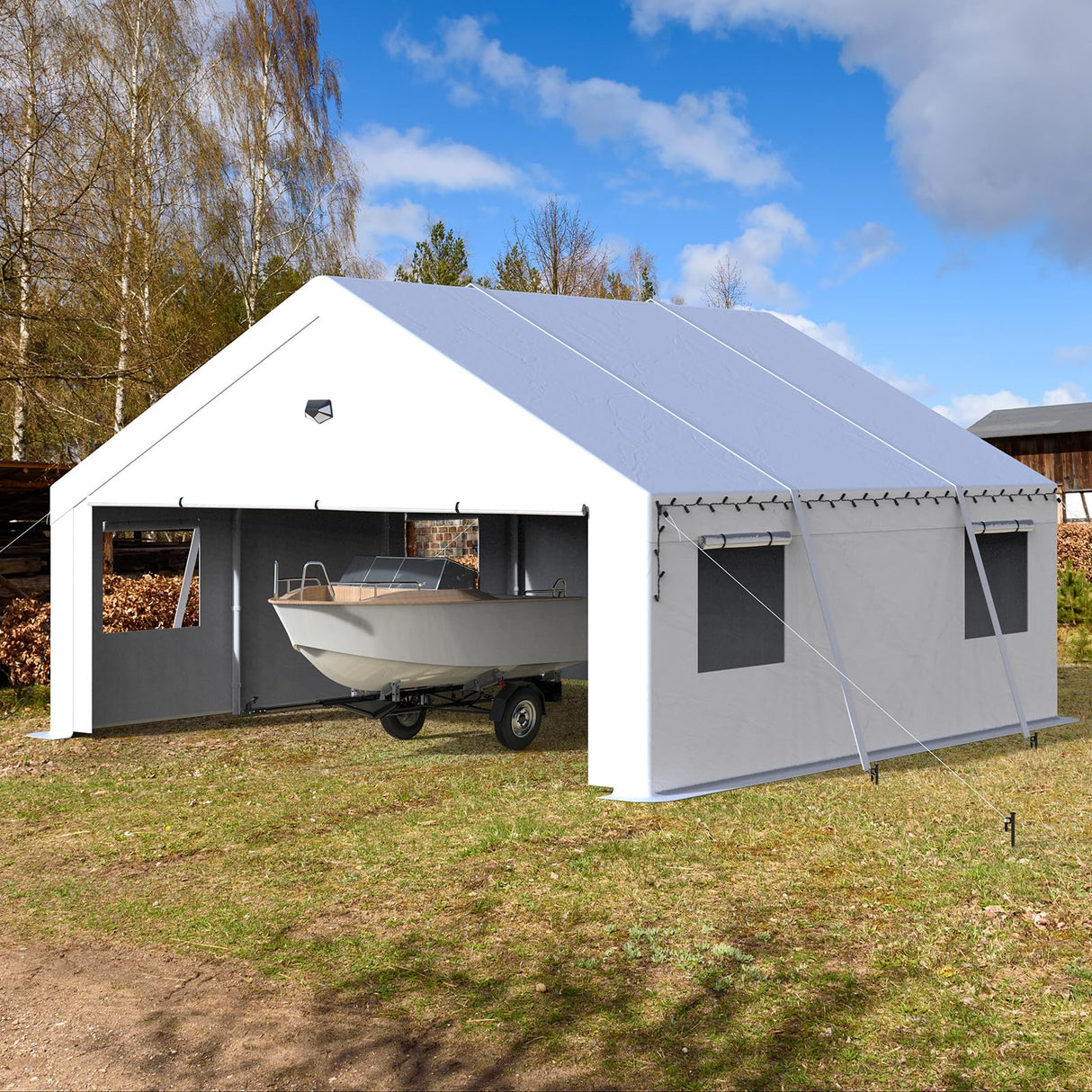 Benass Carports 20x20 Heavy Duty, Portable Garage 20x20 with 2 Roll Up Zipper Doors and Mesh Windows, Driveway Car Port Canopy, White Benass