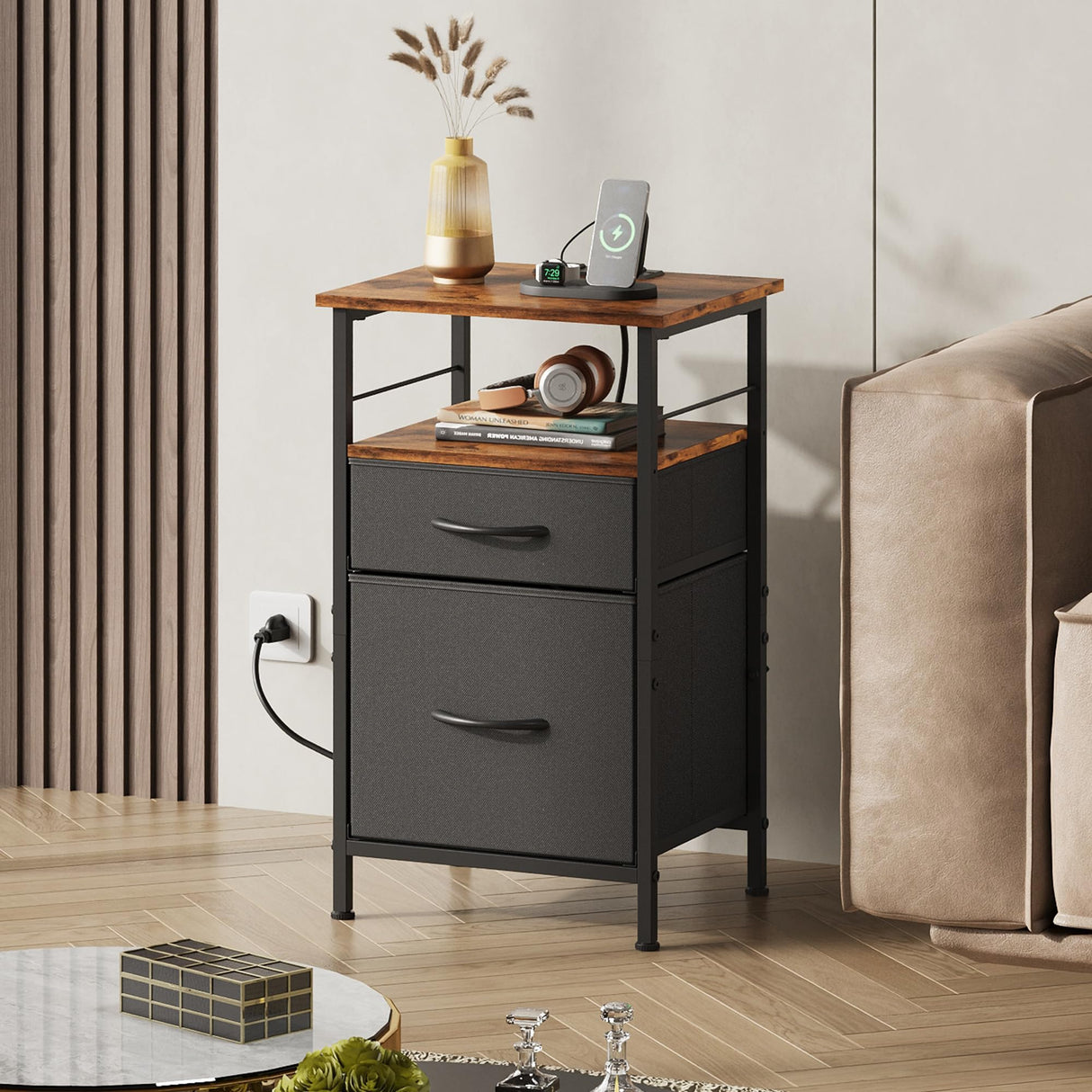 WLIVE Nightstand with Charging Station, Night Stand with 2 Fabric Drawers, Bedside Table, Small Dresser for Bedroom, Side Table with USB Ports and Outlets, Black and Rustic Brown WLIVE