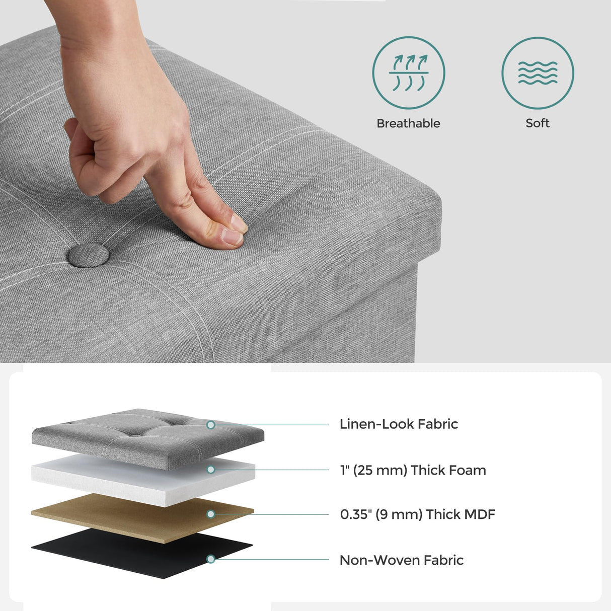 SONGMICS Mazie Collection - 43 Inches Ottoman Storage Bench, 35 Gal. Folding Chest with Breathable Linen-Look Fabric, Load up to 660 lb, for Entryway, Living Room, Bedroom, Light Gray ULSF077G05 SONGMICS