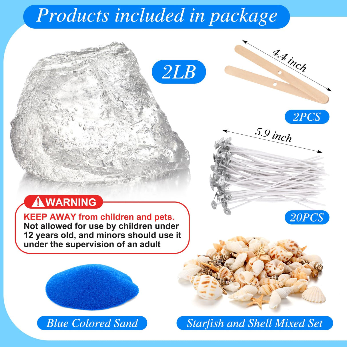 MTLEE 2 Lb Gel Wax for Candle Making DIY Sets, Jelly Wax Melts Clear Candle Wax with Seashells Starfish and Candle Wick and Wooden Candle Wick Centering Device for Candle Making MTLEE