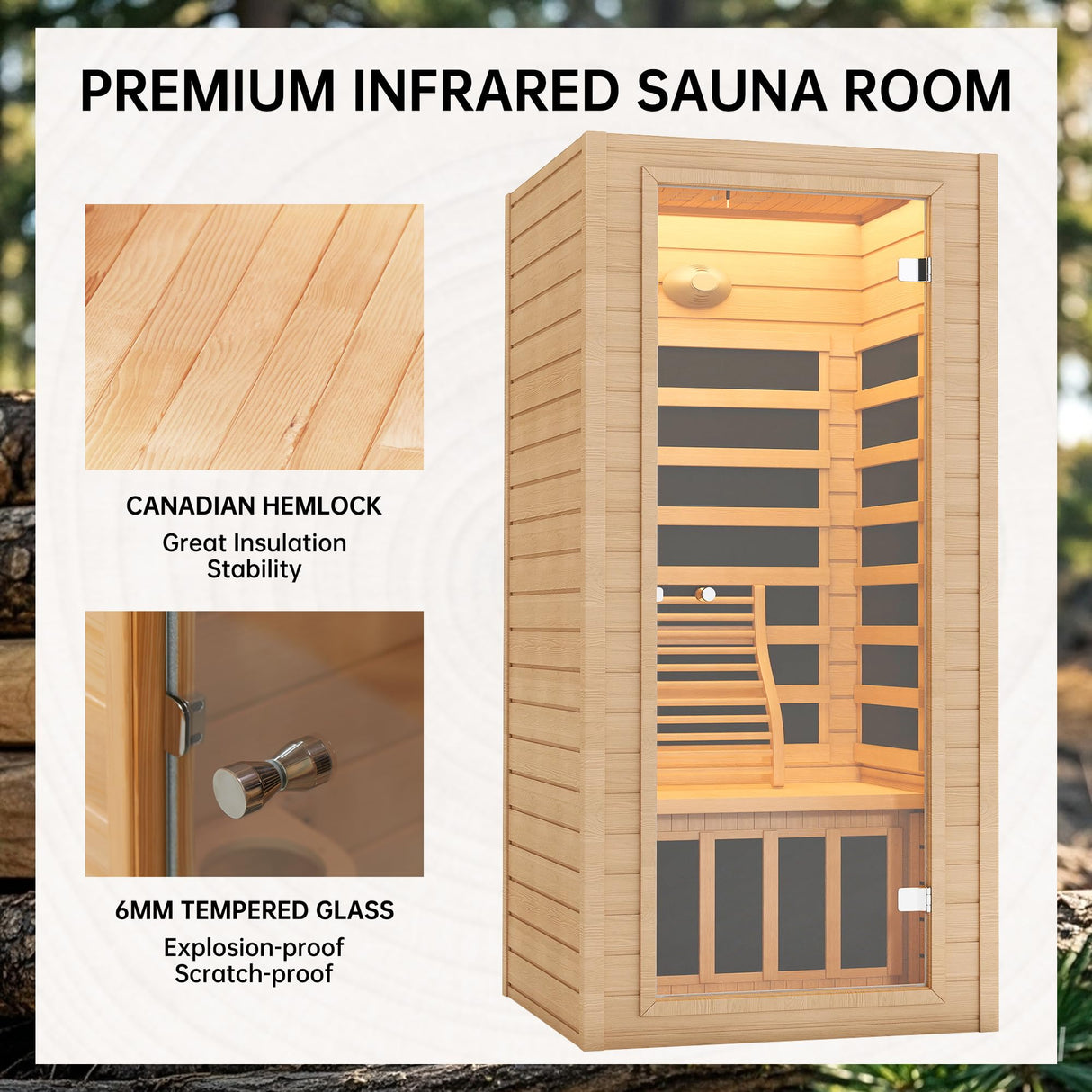 springspa Far Infrared Sauna 1 Person Indoor Sauna Spa Room, Canadian Hemlock Wooden Infrared Saunas for Home with Low Emf Lighting, Bluetooth Speakers, LCD Control Panel, 9 Chromotherapy springspa