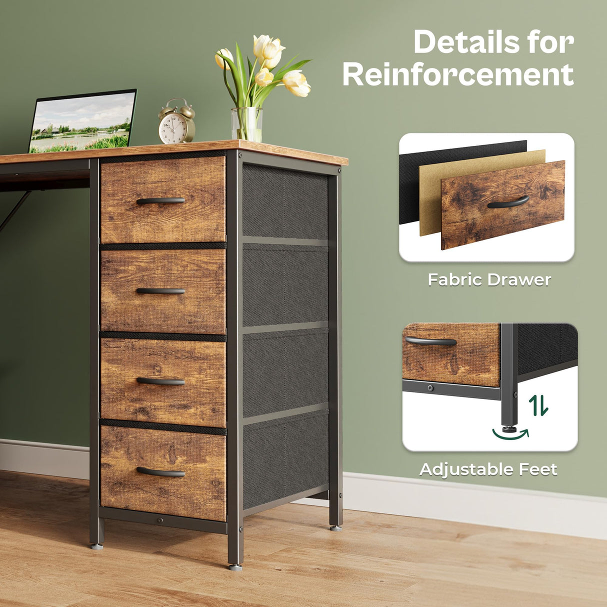 Huuger 47 Inch Computer Desk with 8 Drawers, Office Desk Work Desk for Home Office, Study, Gaming Desk with Fabric Drawers, Large Storage, Rustic Brown Huuger