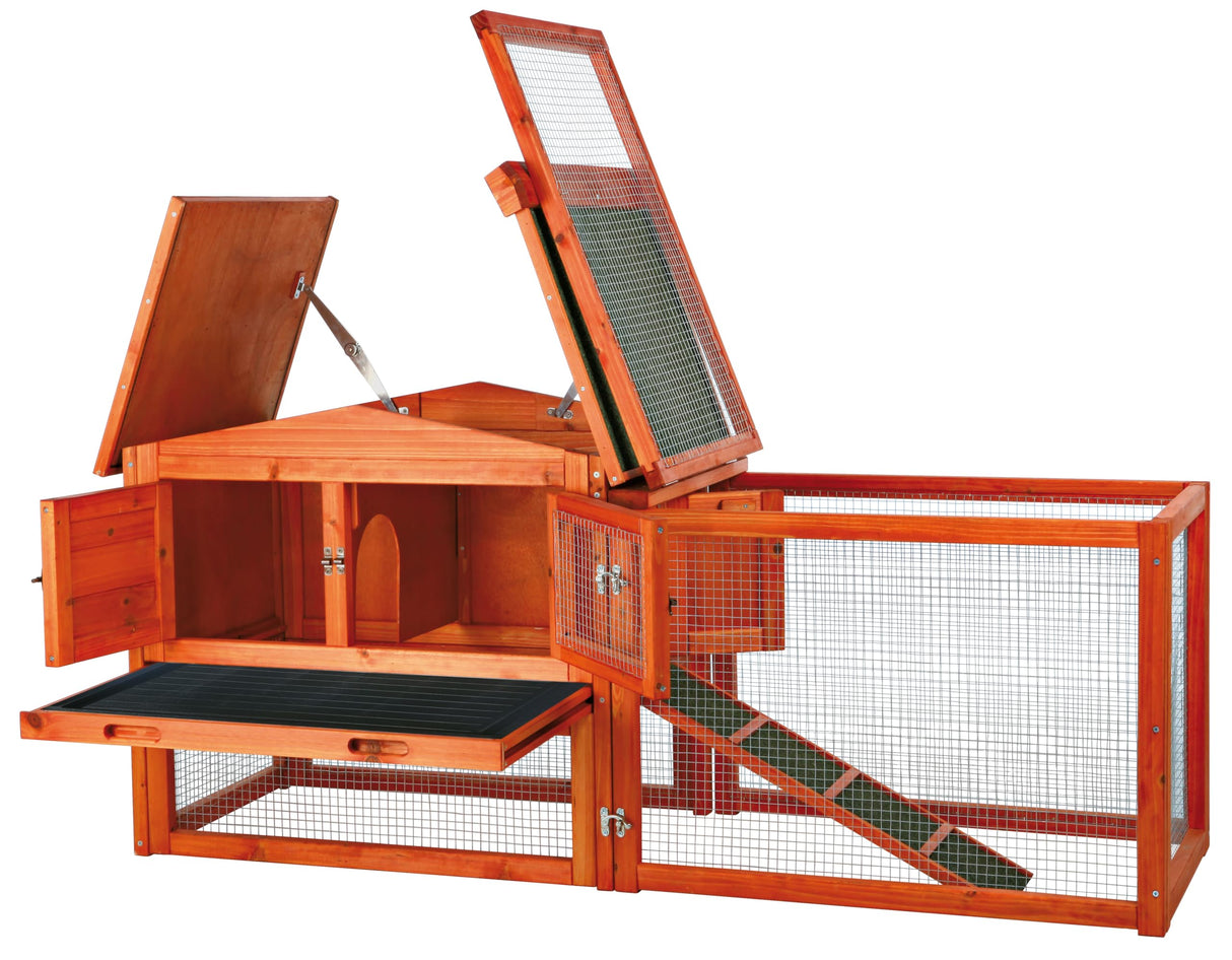 TRIXIE natura Outdoor Rabbit Hutch with Run - Small Elevated Rabbit Cage with Non-Slip Ramp - Small Animal House with Large Playpen, Hinged Roof & Pull-Out Tray - in Natural TRIXIE