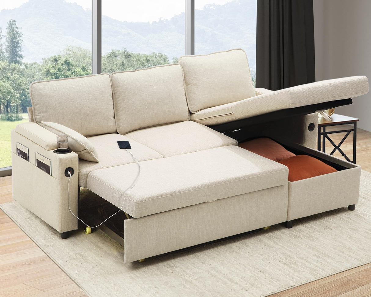 DURASPACE Sofa Bed Sleeper Pull Out 2 in 1 Sectional Sleeper Sofa Couches with Storage,USB, Cup Holder,Pullout Sectional Couches for Apartment Living Room (Beige) DURASPACE
