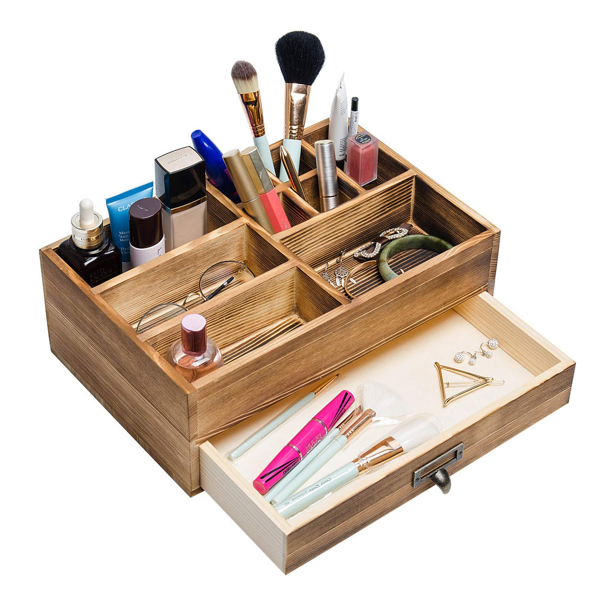 Liry Products Rustic Wooden Organizer Cosmetic Storage Cabinet Makeup Display Box Office Supplies Desktop Vanity Drawers Multiple Compartments Brown Tabletop Caddy Accessary Sorter Brush Holder Home Liry Products
