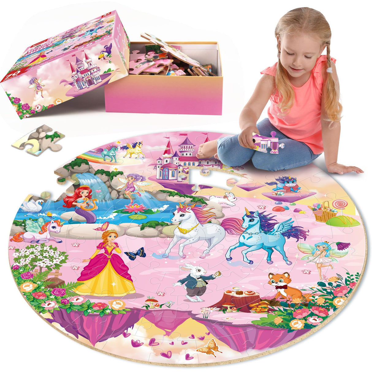 SYNARRY Unicorn Princess Mermaid Fairy Floor Puzzle for Kids Ages 3-5, Large 70 Piece Wooden Puzzle for Kids Ages 4-6, Preschool Toys Gifts for 3 4 5 6 7 8 Years Old Boys Girls Children SYNARRY