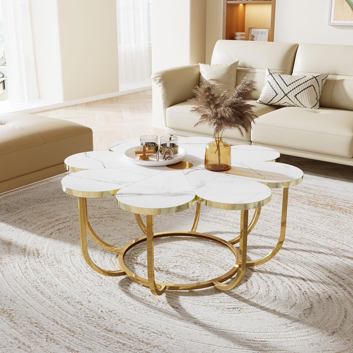 Tribesigns White and Gold Coffee Table, Modern Flower-Shaped Coffee Table with Faux Marble Tabletop, 39.37-Inch Floral Accent Center Table with Metal Frame for Living Room, Bedroom, Lounge Tribesigns