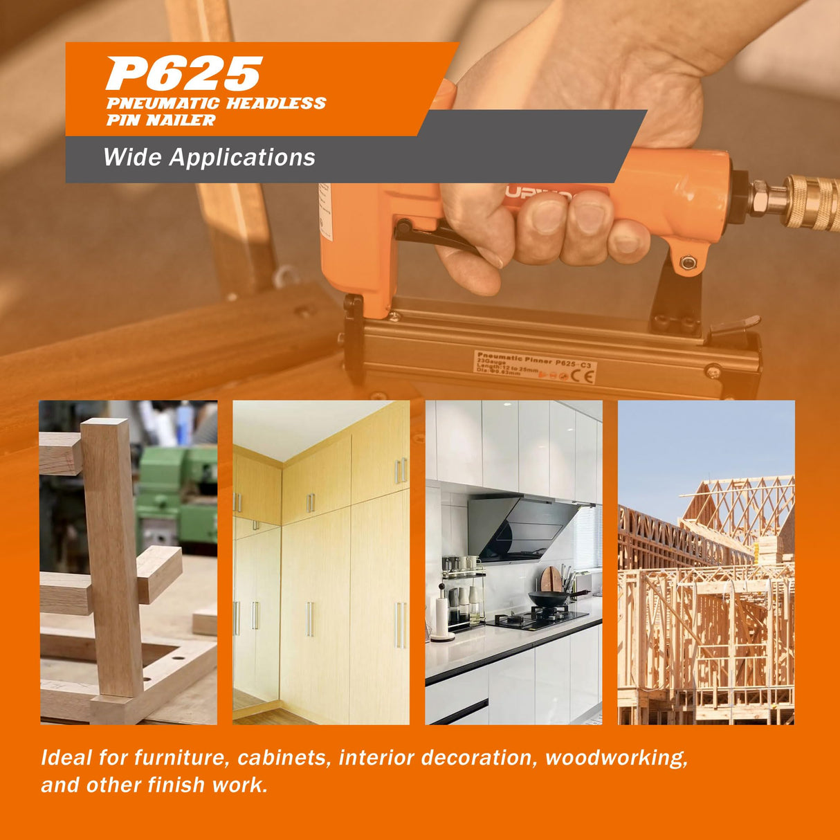 UPWOOD P625 Pneumatic 23 Gauge Headless Pin Nailer, 1/2-Inch to 1-Inch Leg Length Air Powered Micro Pinner for Furniture, Cabinets, Interior Decoration UPWOOD