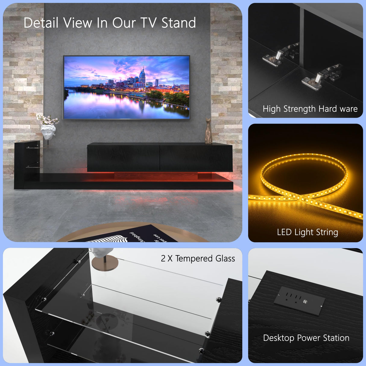 LED TV Stand for 55/65/75 Inch TV, Modern Entertainment Center with 31 Modes Full Color Selection Light String, TV Console with Tempered Glass for Living Room Bedroom, Black Banzeem