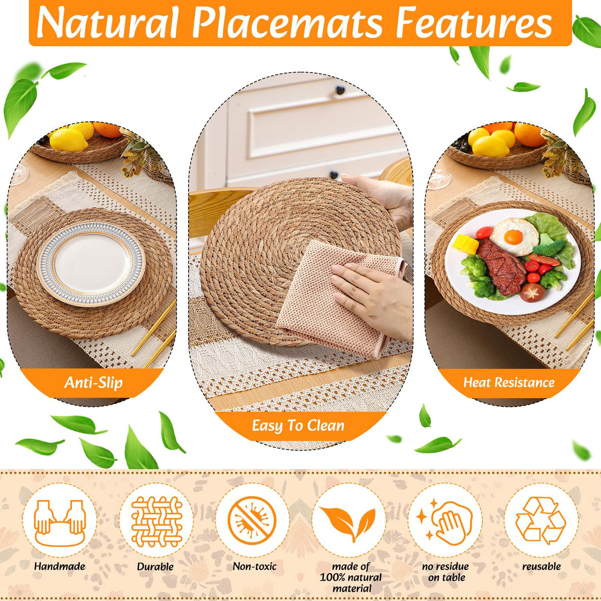 Gandeer Boho Placemats 4/6 Set of Round Woven Placemats Macrame Style Bicolor Stitching Long Table Runner Farmhouse Rustic Natural Burlap Cotton for Kitchen Dining Table Home(Brown,4 Sets) Gandeer