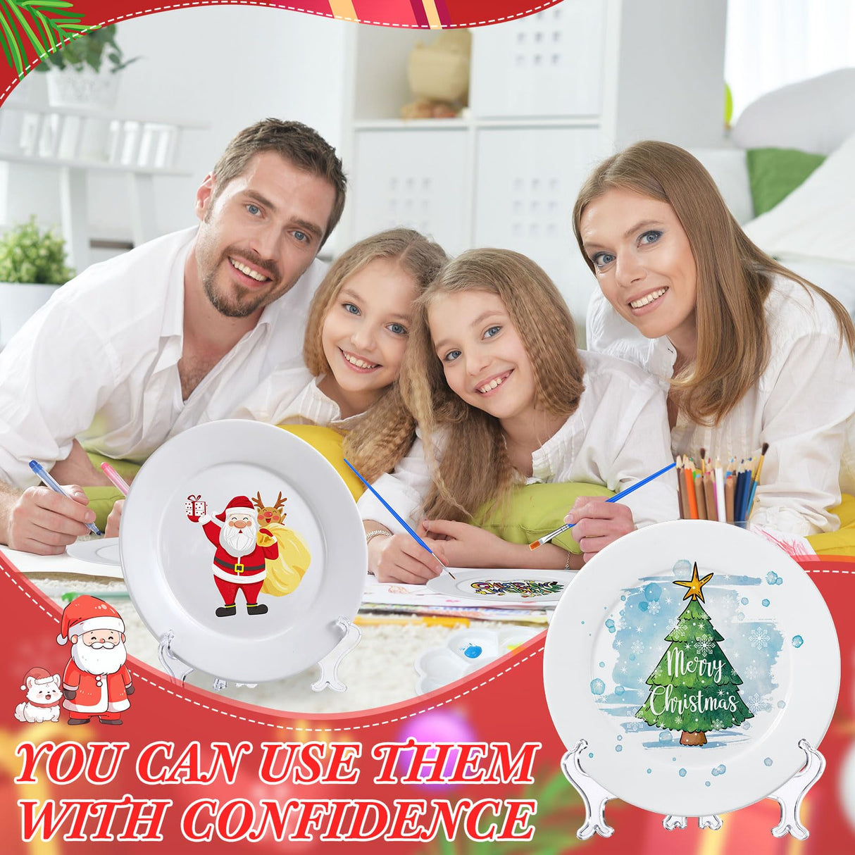 Affrolling Paint Your Own Porcelain Plates Ceramic Painting Kit Included 2 Pcs Porcelain Plates 2 Brushes 12 Paints 2 Stands Paint and 1 Pcs Color Palette, Pottery Kit for Adults(Round) Affrolling