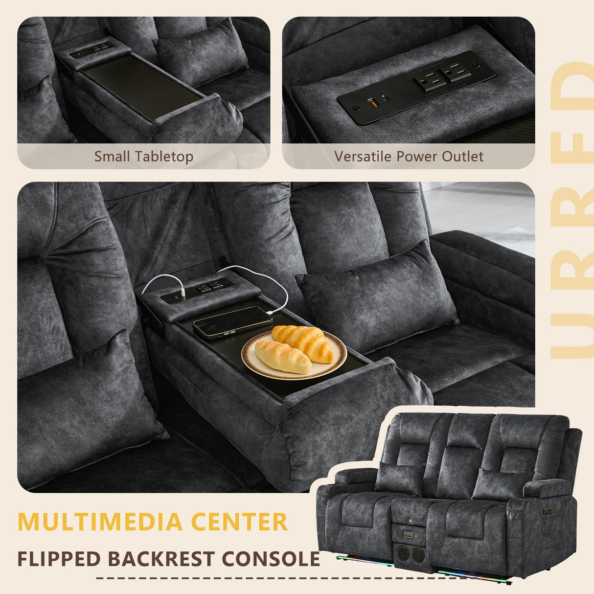 URRED Power Loveseat Recliner Sofa with Flipped Backrest Console, Wall Hugger RV Reclining Loveseat Sofa Couch with LED Light/Bluetooth Speakers/USB/Outlets/Cup Holders/Pillow/Side Pocket, Grey URRED