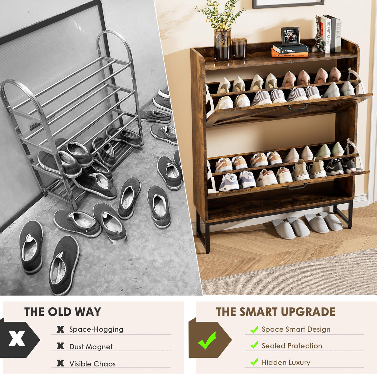 Nicetree Shoe Cabinet Organizer with 2 Flip Drawers, Freestanding Narrow Rack with Metal Legs, Farmhouse Slim Shoe Storage for Entryway, Foyer, Hallway, Rustic Brown Nicetree