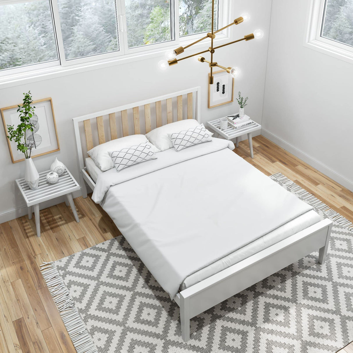 Modern Solid Wood Full Bed Frame with Slatted Headboard in White/Blonde by Plank+Beam Plank+Beam