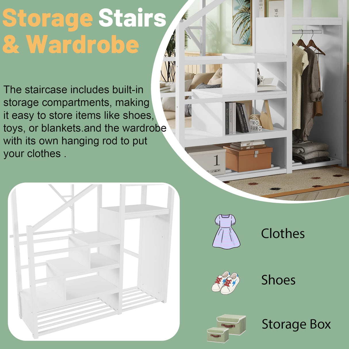 MoproBeti Queen Size Loft Bed with Stairs, Heavy Duty Metal Loft Beds Frame with Storage Shelf & Wardrobe, Tall LoftBed with Under-Bed Space for Adult Teens Junior,Space Saving Design,White MoproBeti