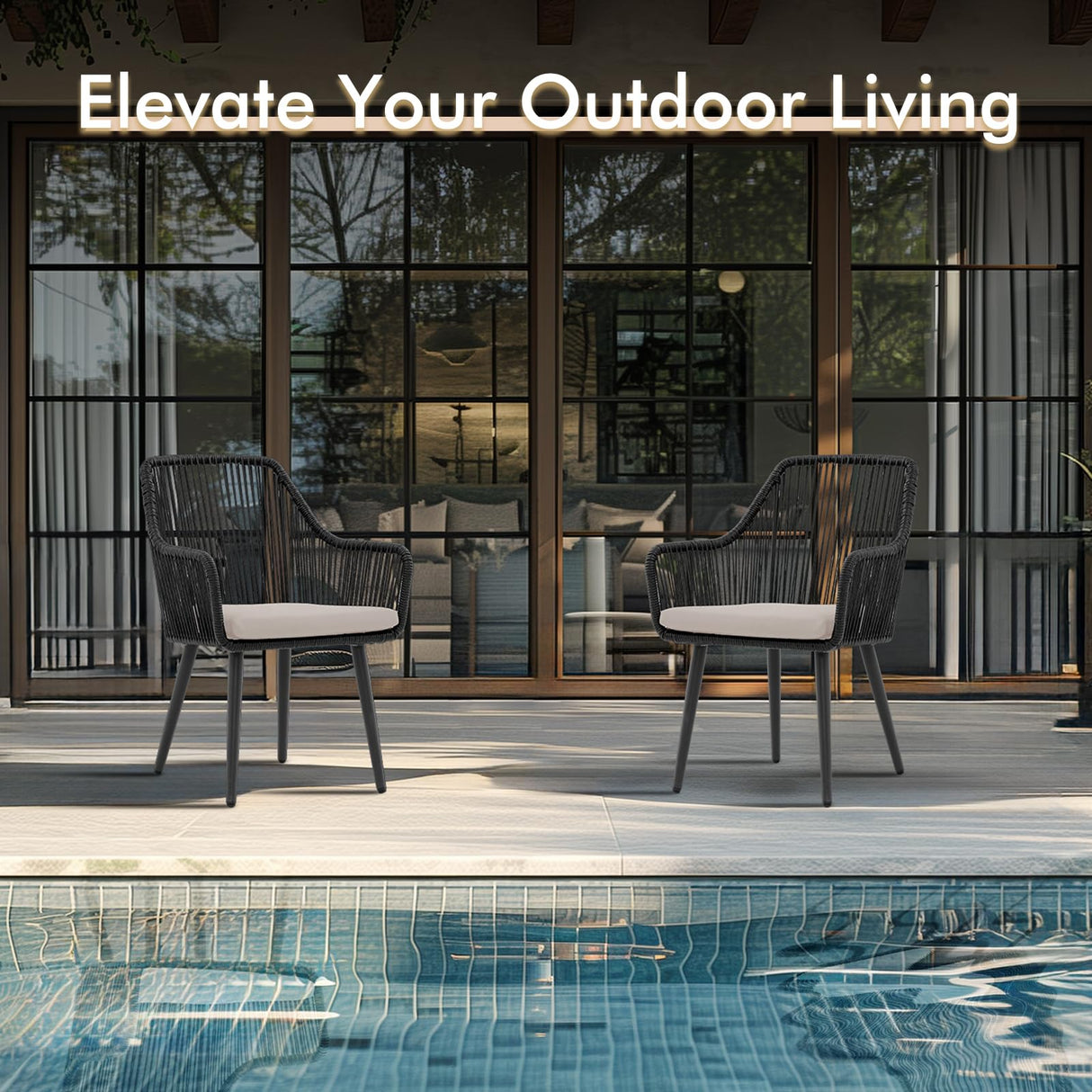 JOIVI Patio Dining Chairs Set of 2, Outdoor Rattan Chairs with Armrest and Cushions for Outside Lawn, Garden, Backyard, Indoor, Outdoor Dining Chairs, 350lb Weight Capacity, Black Patio Chairs JOIVI