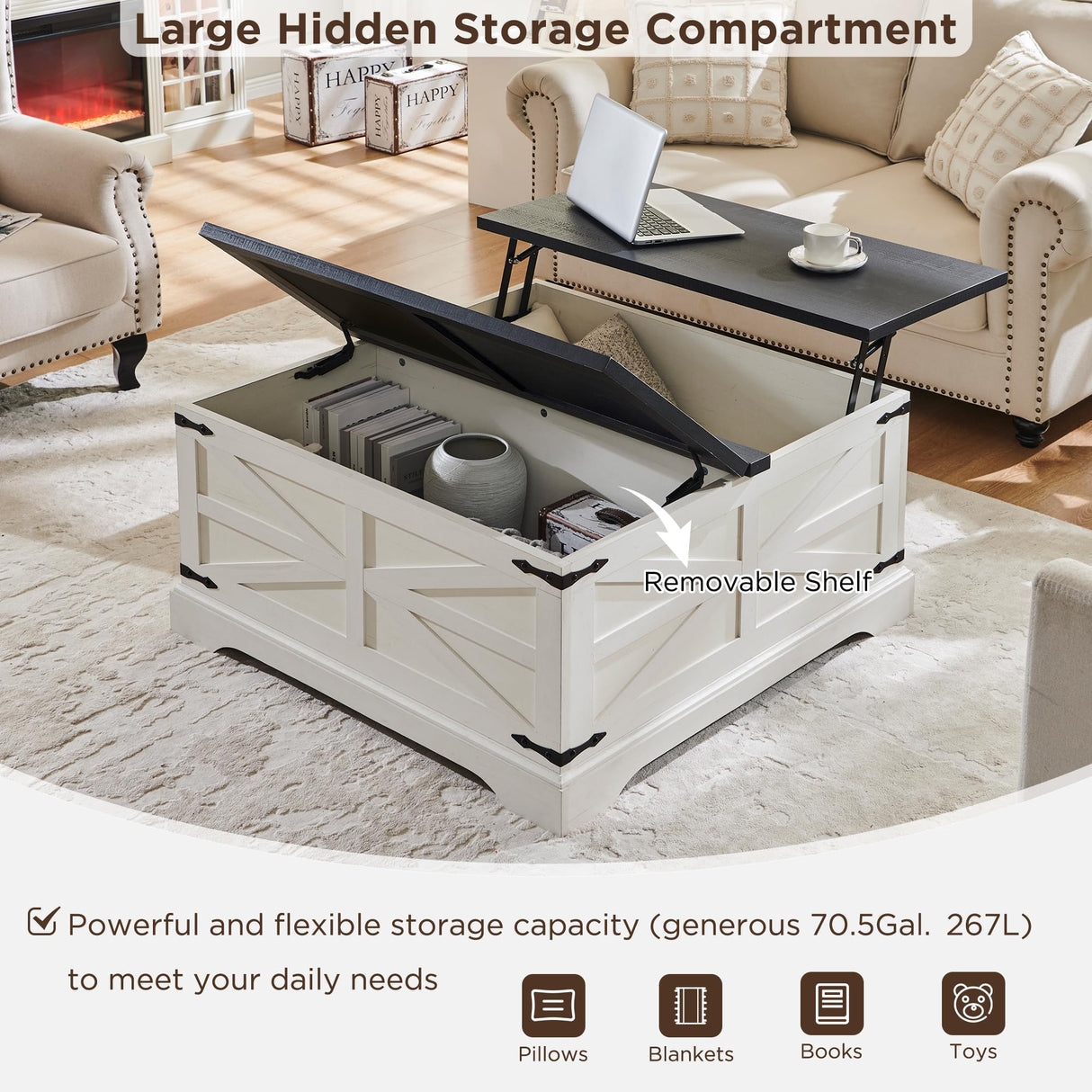 JXQTLINGMU Farmhouse Lift Top Coffee Table with Storage, 36" Wood Square Center Table with Large Hidden Compartment, Rustic Lift Tabletop Dining Table for Home Living Room, White JXQTLINGMU