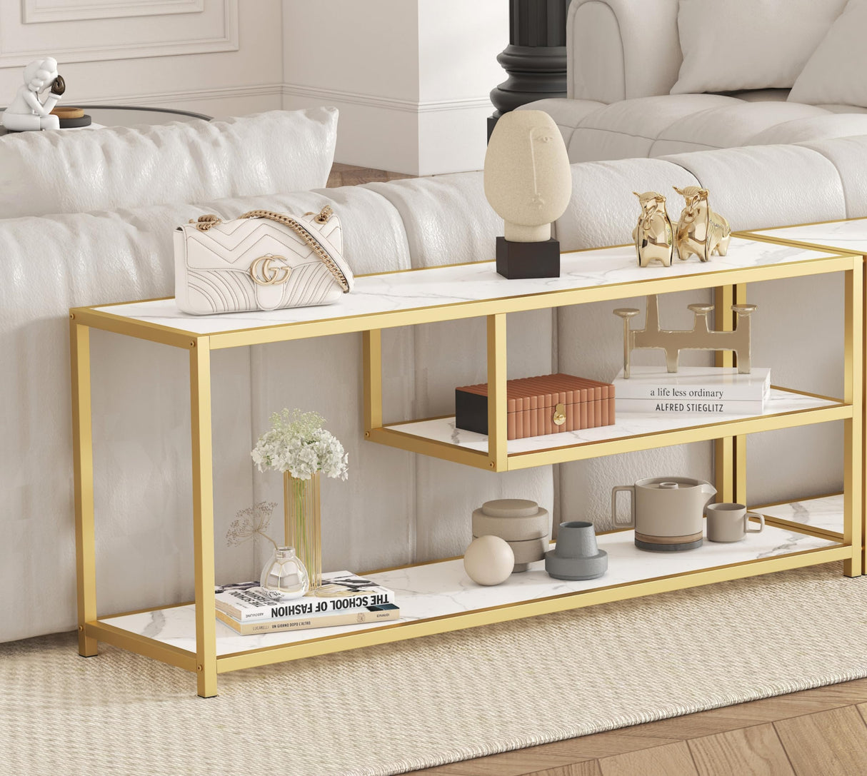 Function Home TV Stand for TVs up to 55 Inch, 3 Tier Entertainment Center, Media Console with Open Storage Shelves for Living Room Bedroom, 47” Modern TV Table with Faux Marble Top Gold Metal Leg Function Home