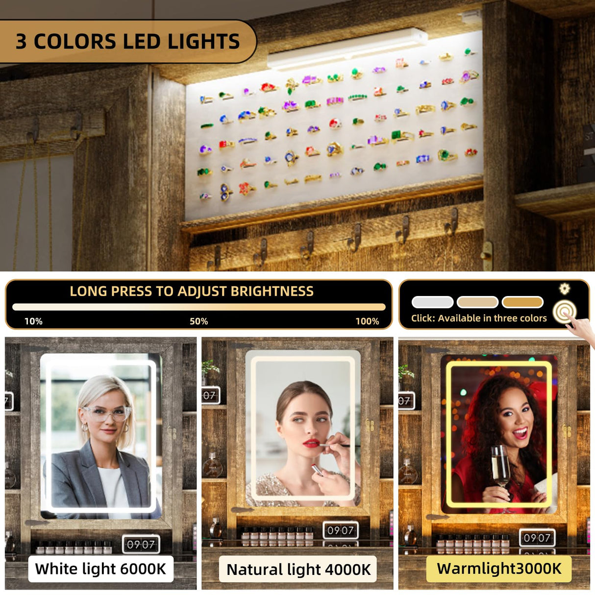 GlasFlength Farmhouse Makeup Vanity Desk with Mirror & Light, 40'' Glass Tabletop Vanity Table with 2 Drawers & Hidden Jewelry Cabinet, Rustic Big Vanity Charging Station Set, Stool Included, Bedroom GlasFlength