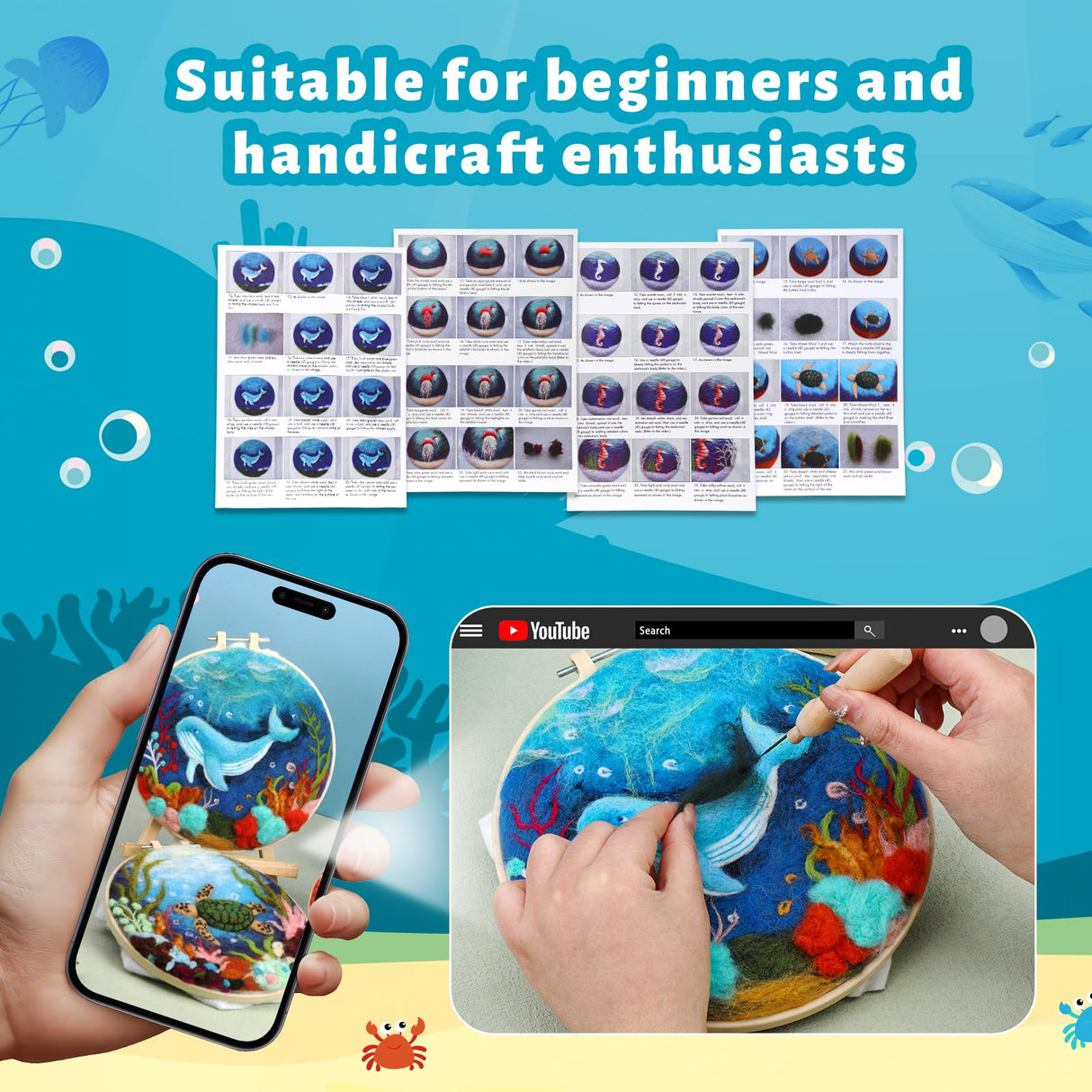 Fedmut Needle Felting Kit, Wool Felting Kit for Beginners Adult with Wool, Needles, Foam Pad, Felt Cloth and Instructions – 4 Set Sea Animals Painting Frame for Great Gift Decoration Fedmut