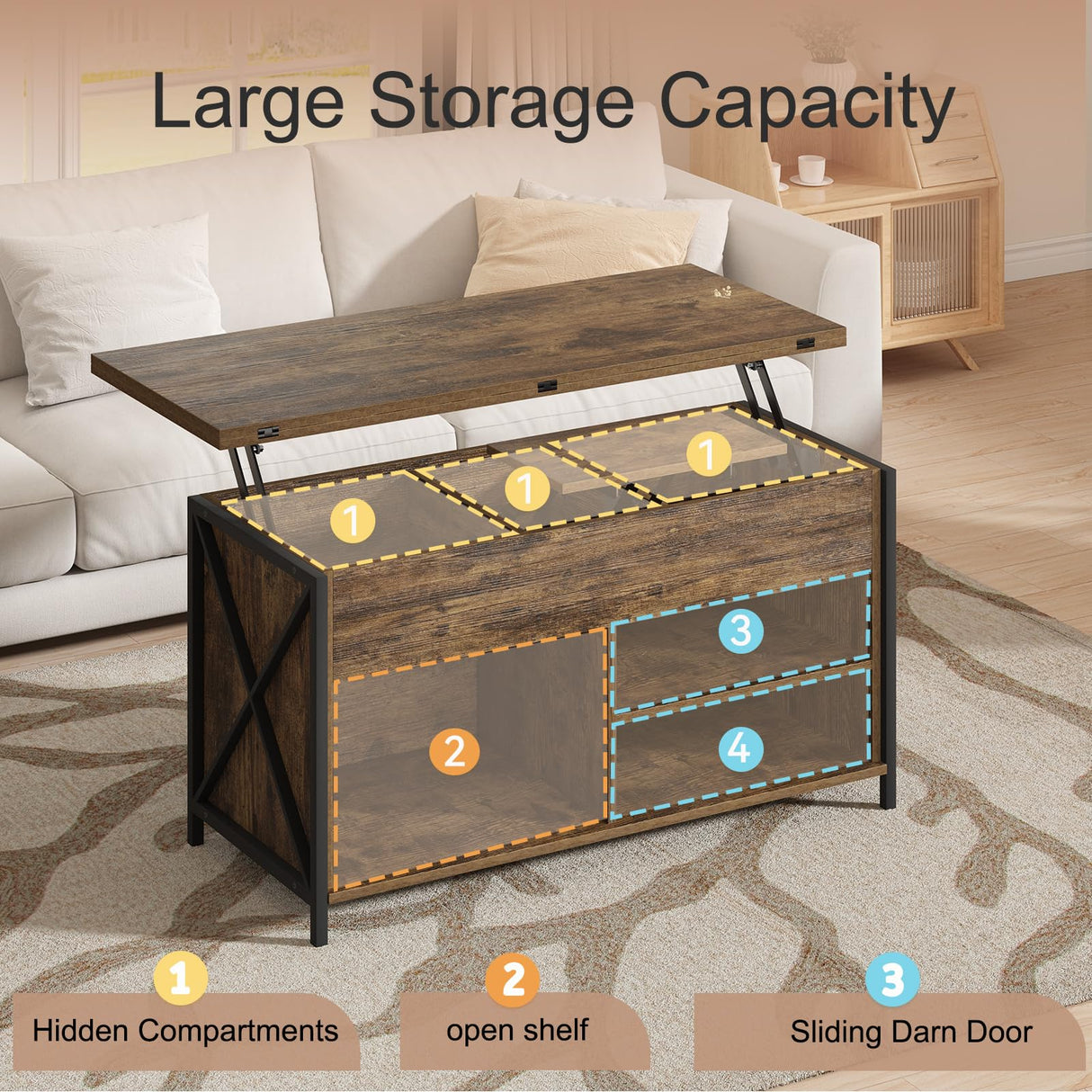 Vividwood Lift Top Coffee Table with Storage and Sliding Door, 4 in 1 Multi-Function Convertible Tea Table with Hidden Compartment, Farmhouse Center Table with Wood Lift Tabletop for Living Room Brown Vividwood