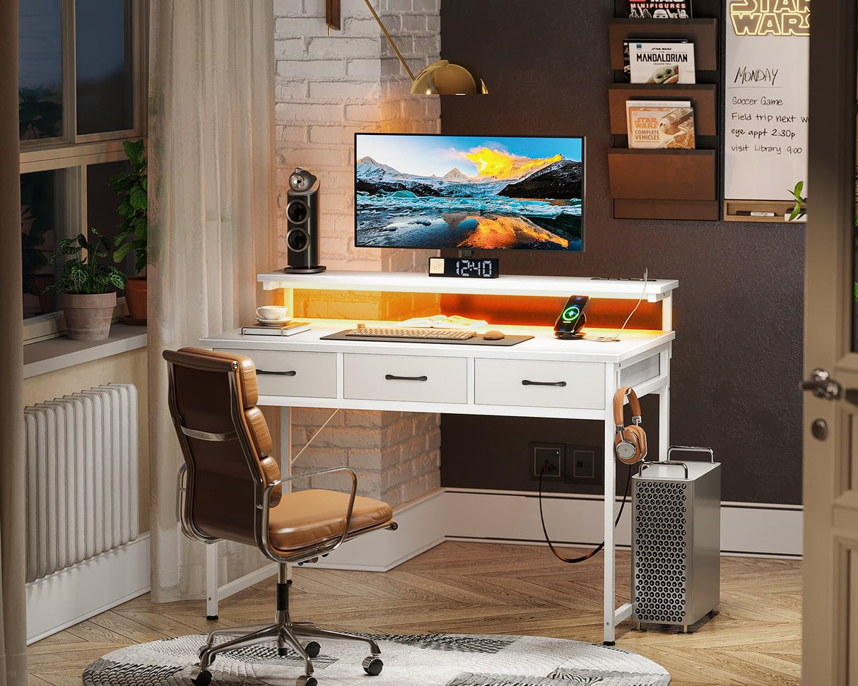 ODK 40 Inch Small Computer Desk with 3 Drawers and USB Power Outlets, Home Office Desks with LED Lights and Adjustable Monitor Stand, Work from Home, Modern Work/Writing/Study Table for Bedroom, White ODK