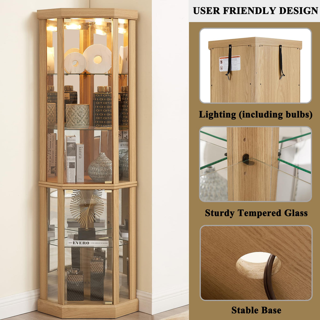 TRJQBCC 69" H Lighted Corner Display Cabinet, Curio Corner Glass Cabinet w/Adjustable Shelves & Glass Door, 5-Tier Wooden Storage Display Case w/Mirrored Back Pane for Living Room(Light Oak) TRJQBCC