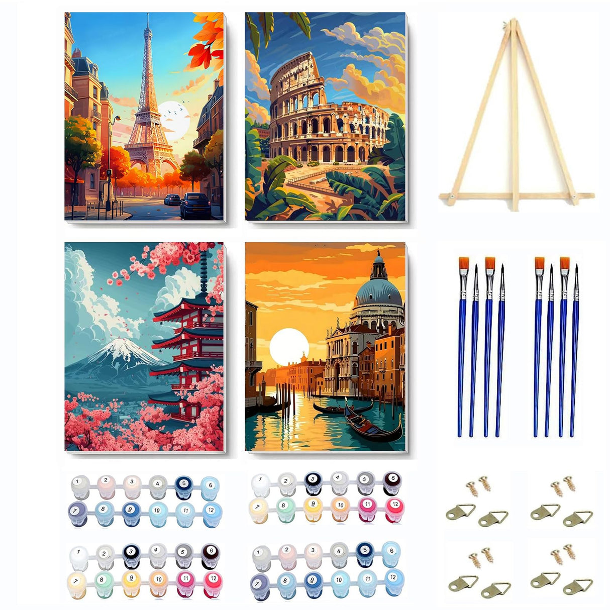 4 Pack City Landscape Paint by Numbers Kit for Adults Beginner with Frame,Paint by Number with Wooden Easel DIY Adult Paint by Number Kits for Home Decor 9x12inch Kaixine