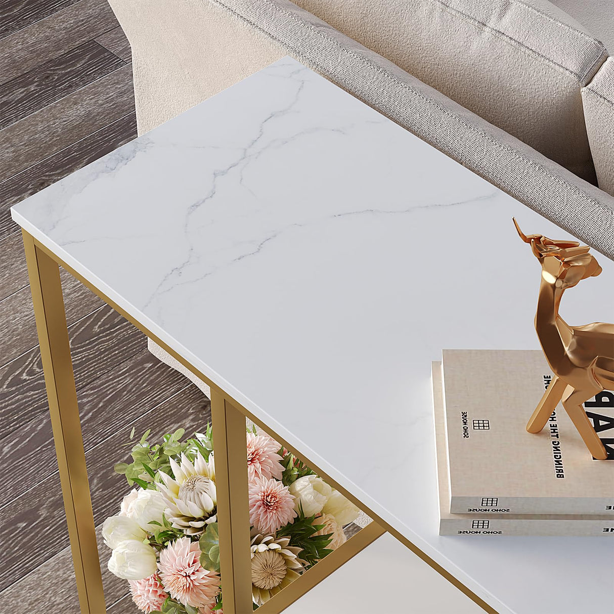 WOHOMO Console Table, Small Entryway Table with Storage Shelves 12'' Narrow Sofa Table Modern Hallway Table for Living Room 31.5" x12''x31.5'' White and Gold WOHOMO