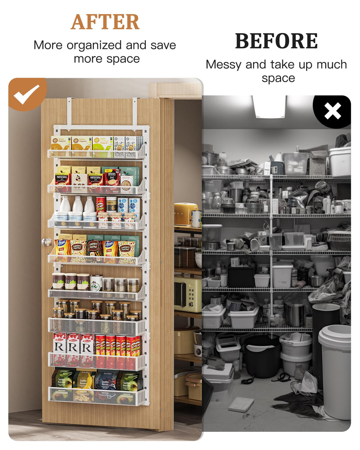 Over the Door Pantry Organizer 8-Tier, Large Metal Door Spice Rack with Adjustable Basket, 2 in 1 Wall Mount or Hanging Heavy-Duty Pantry Door Storage Shelf for Kitchen and Bathroom, White POKIPO