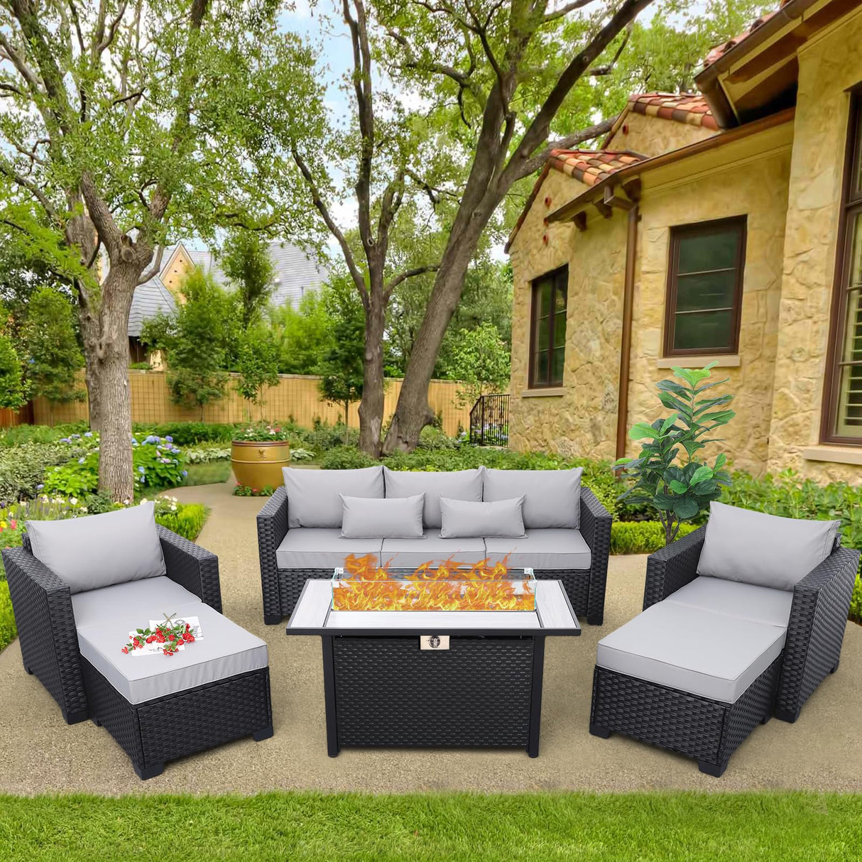 Patio Furniture Set 45 In Outdoor Fire Pits 6 Pieces Outdoor Patio Furniture 60000 BTU Outdoor Propane Fire Pit Table Patio Sofa Outdoor Chairs Anti-slip Cushions Waterproof Covers, Light Grey Rattaner