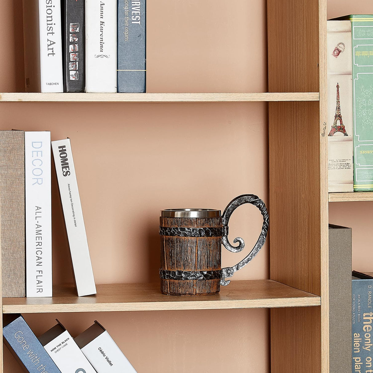 OTARTU Vintage Faux Oak Wood Barrel Beer Mug, Medieval Retro Viking Stainless Steel Coffee Cup Stein Tankard,17oz/500ML Cup Mug,Unique Gift OTARTU