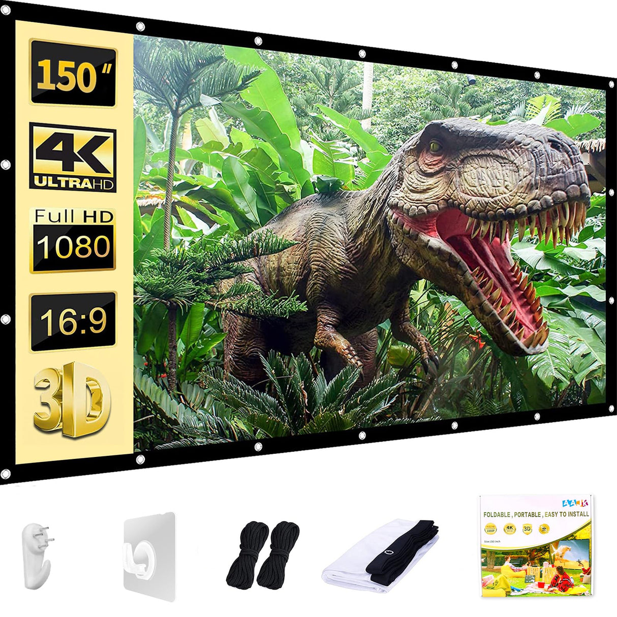 AAJK Outdoor Projection Screen 150 inch, Washable Projector Screen 16:9 Foldable Anti-Crease Portable Projector Movies Screen for Home Theater Outdoor Indoor Support Double Sided Projection… AAJK