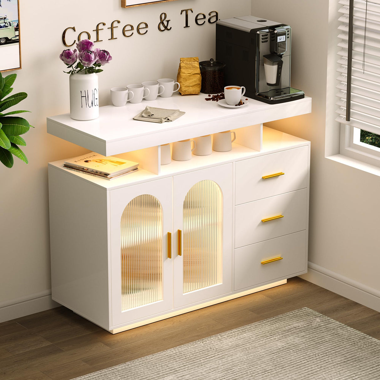 HWB Sideboard Buffet Cabinet with Charging Station, Coffee Bar Table with RGB LED Light, Auto-Sensor Design, Bar Cabinet with Storage with 3 Drawers and 2 Doors for Kitchen, Dinning(White) HWB