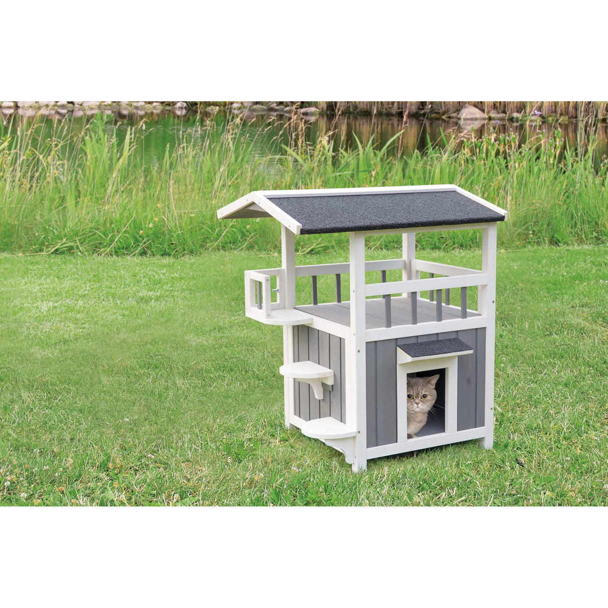 TRIXIE Pet Home with Covered Balcony, Elevated Cat House, Weatherproof Shelter, Ideal for Cats and Small Dogs TRIXIE