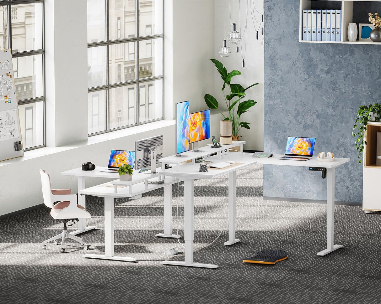 AODK Electric L-Shaped Standing Desk, Height Adjustable Office Desk with Monitor Stand, Sit-Stand Desk with Power Outlets, Large Lift Table for Home, Office, Workstation, White AODK