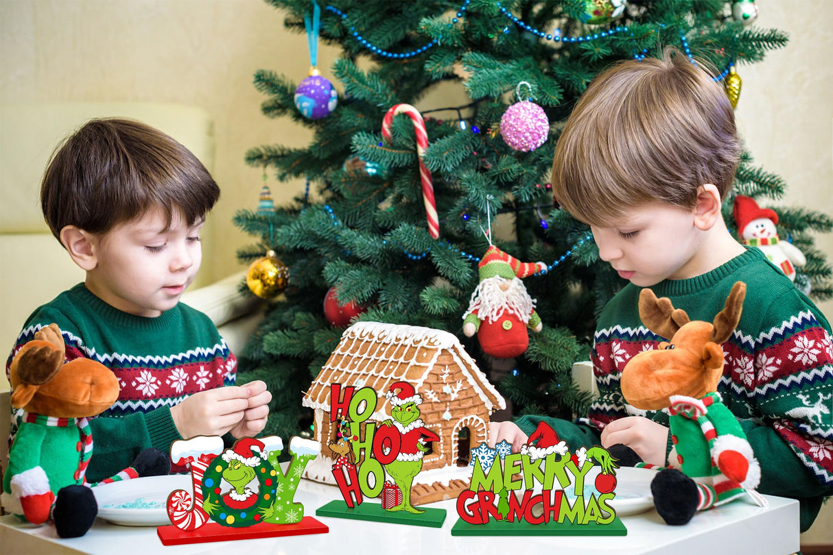 3 Pieces Christmas Table Signs Decorations, Merry Christmas Wooden Centerpiece Ornaments, Joy Wood Desktop Signs Decor for Kitchen Home Winter Whoville Xmas Holidays Theme Party Supplies CIOEY