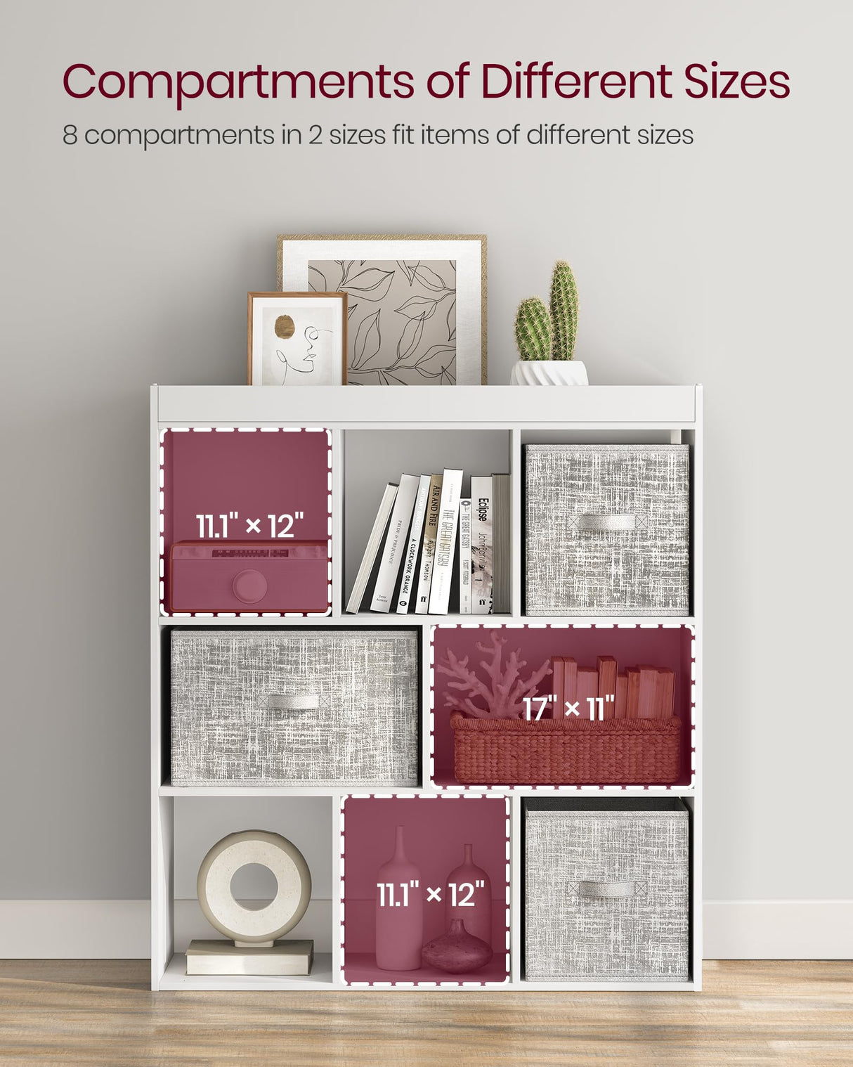 VASAGLE Bookcase, Bookshelf, Freestanding Storage Unit, 8 Open Compartments, Used Horizontally, Vertically, Upside Down, 11 x 35.4 x 39.4 Inches, for Living Room, Study, Office, White ULBC55WT VASAGLE