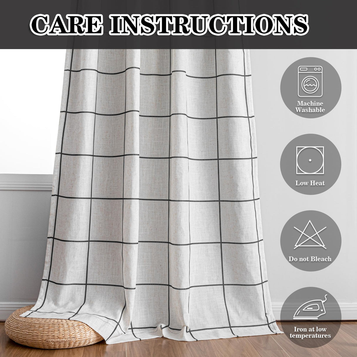 MYSKY HOME 100% Blackout Plaid Farmhouse Linen Curtains 84 Inch Long for Living Room Double Layer Windowpane Drapes Thermal Insulated Privacy Protection Rod Pocket Back Tab, 52" W, Black, 1 Panel MYSKY HOME