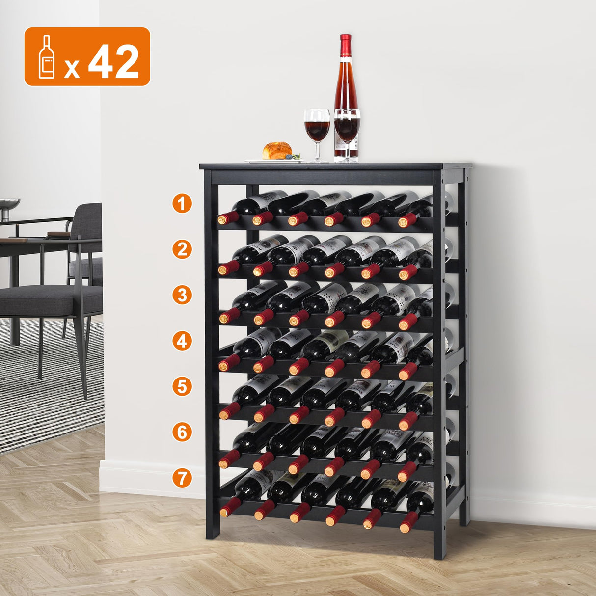 VASMIA 42 Bottles Bamboo Wine Rack,7-Tier Wine Rack Freestanding Floor with Table Top, Wine Storage Shelf for Kitchen Dining Room Bar,Black VASMIA