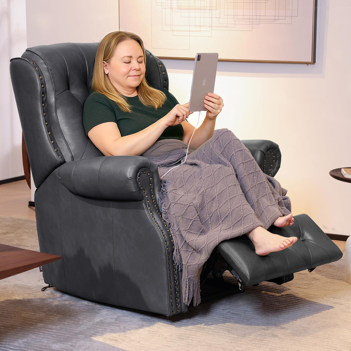 EONIX Dual Motor Lay Flat Power Recliner Chair, Mid Century Wingback Recliner with Independent Adjustable Backrest and Extended Footrest, 400lbs Heavy Duty, Breathable Faux Leather, Black EONIX