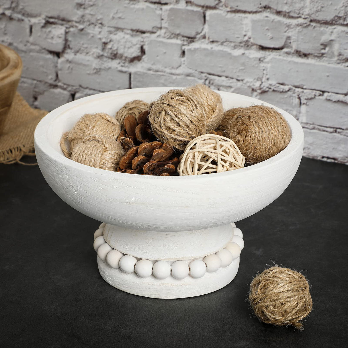 Amyhill Distressed Beaded Wood Pedestal Bowl Decorative Wooden Beaded Bowl Wood Pedestal Bowl Beaded Serving Bowl for Farmhouse Kitchen Decor (White) Amyhill