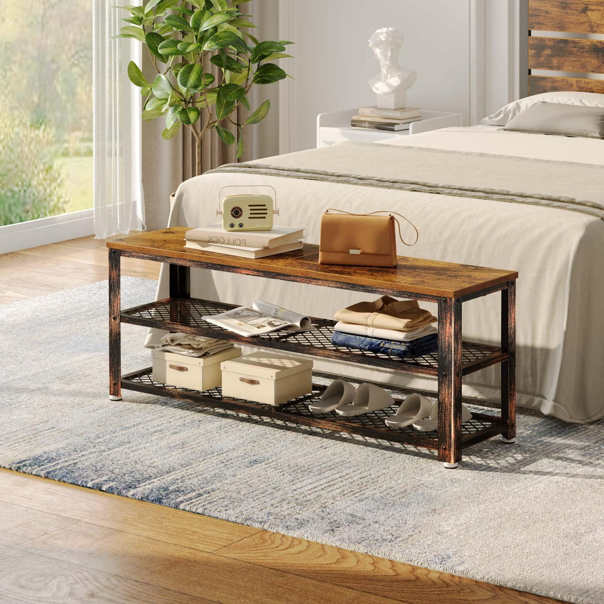 Rolanstar Shoe Bench, 3-Tier Shoe Rack, 39.4” Storage Entry Bench with Mesh Shelves Wood Seat, Rustic Foyer Bench for Hallway Front Door, Doorway, Living Room, Mudroom, Steel Frame, Rustic Brown Rolanstar