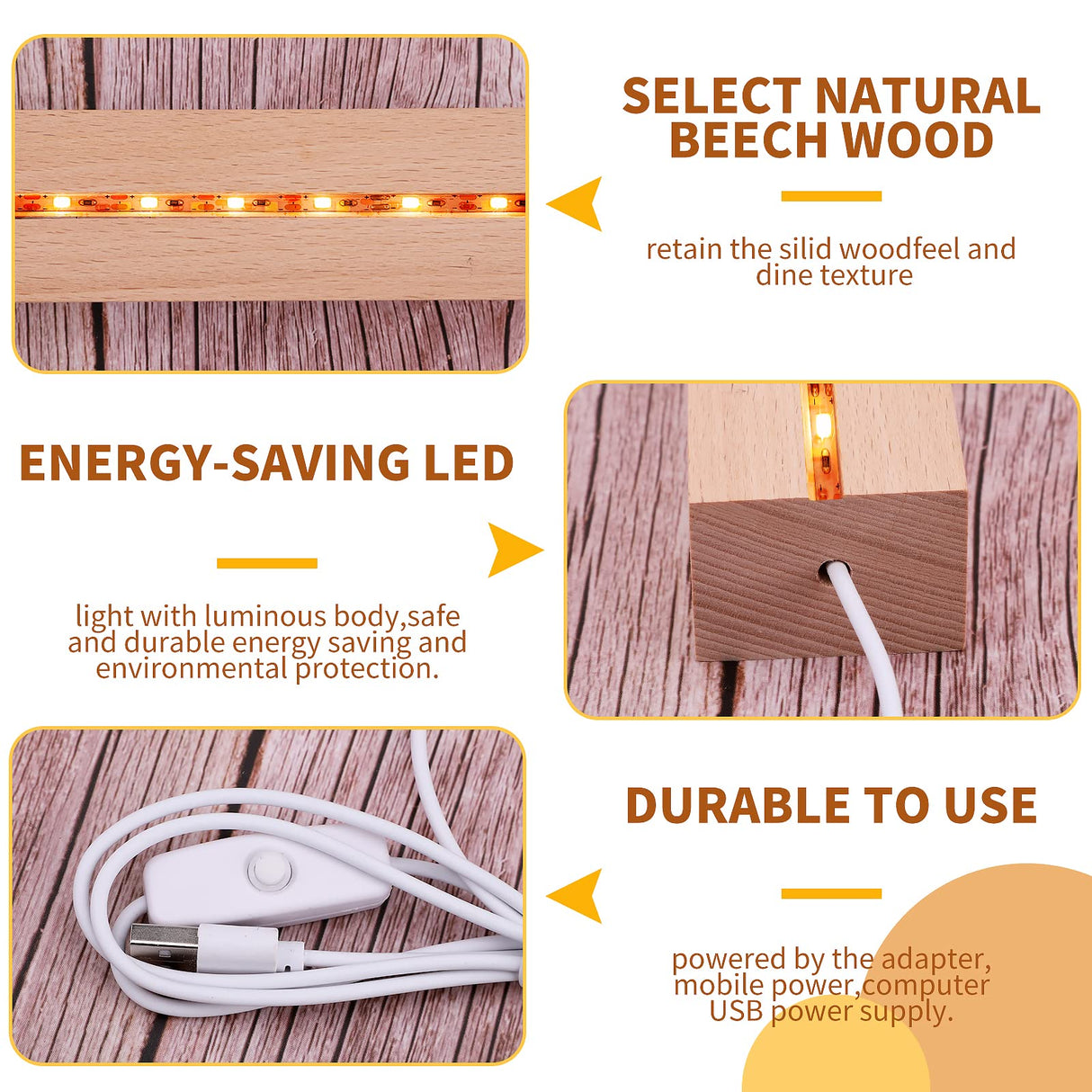 TSLBW LED Lights Display Base, Wooden Light Display Stand, Square, Warm/White Light, 20.0 cm x 10.0 cm x 4.0 cm, Wood, Pedestal, Non-Assembly Required TSLBW