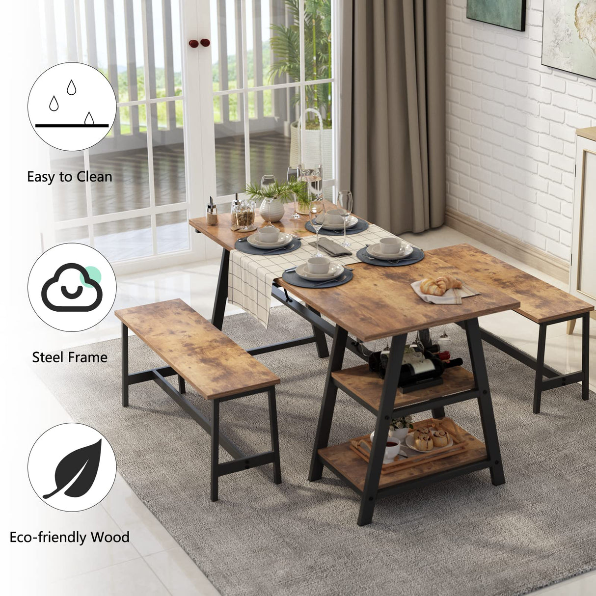 soges 3 Pieces Kitchen Dining Table Set for 4, Breakfast Table Set with 2 Benches, 4-Person Wooden Dinette with Wine Shelf and Glass Holder, Rustic Brown 10CZWKDS04TW140 soges