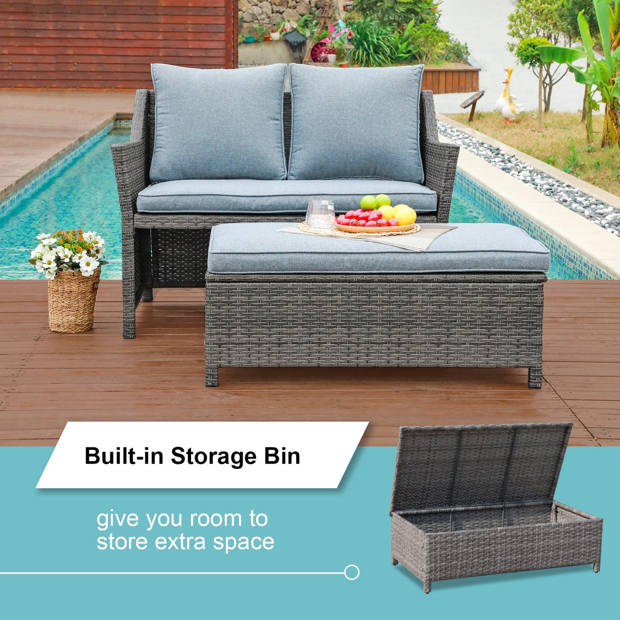 OC Orange-Casual 2-Piece Outdoor Patio Furniture Wicker Love-seat and Coffee Table Set, with Built-in Storage Bin, Grey Rattan, Grey Cushions OC Orange-Casual