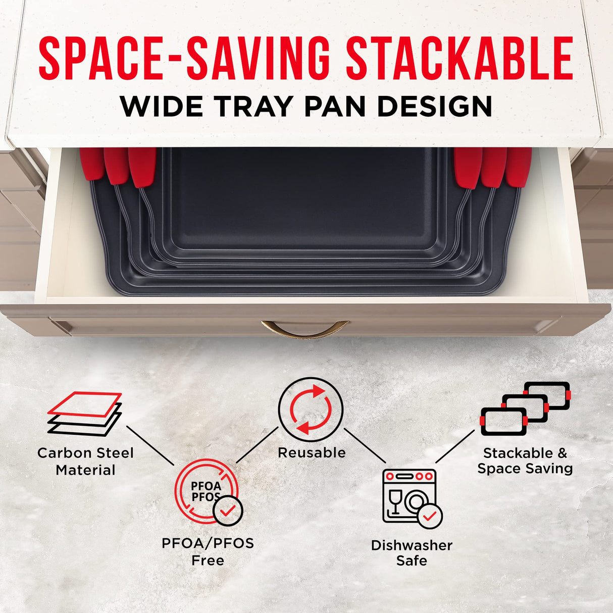 Baking Pan Set – 3 Piece Cookie Sheet – Deluxe Black Non-Stick Carbon Steel – Silicone Handles – Commercial Grade Restaurant Quality – PFOA PFOS and PTFE Free by Bakken BAKKENMASTER