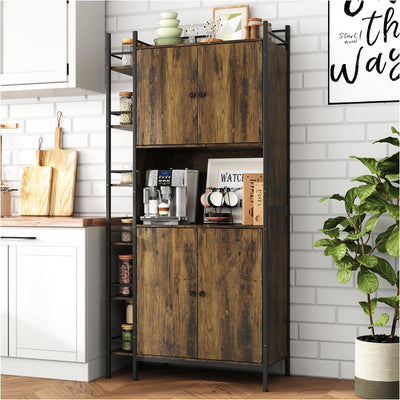Seeday Industrial Style Kitchen Pantry Storage Cabinet, Brown Tall Kitchen Hutch with Microwave Stand, Food Pantry Cabinet with Side 6 Shelves and 2 Doors for Dining Room, Living Room